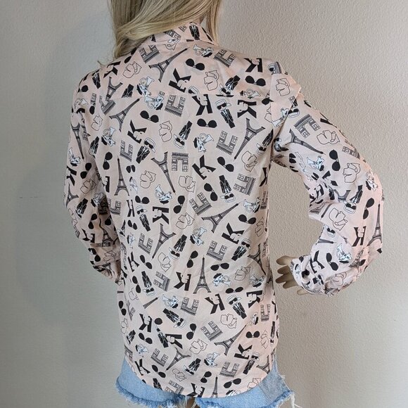 Karl Lagerfeld Button-up Blouse Women's Medium Pink Graphic Cats Paris Top - Picture 3 of 16